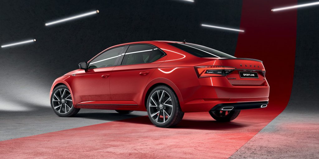 Red SKODA Superb Sportline rear