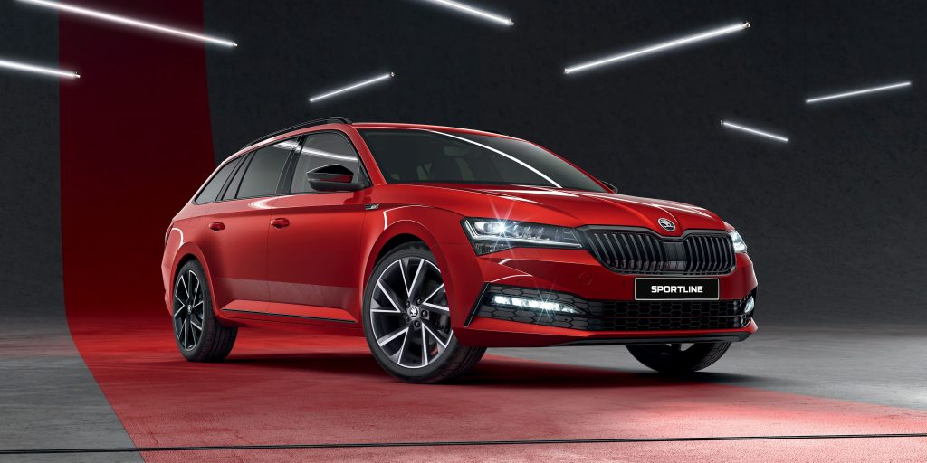 Red SKODA Superb Sportline wagon rear