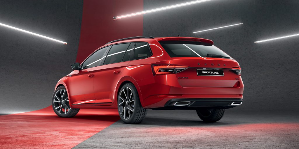 Red SKODA Superb Sportline wagon rear