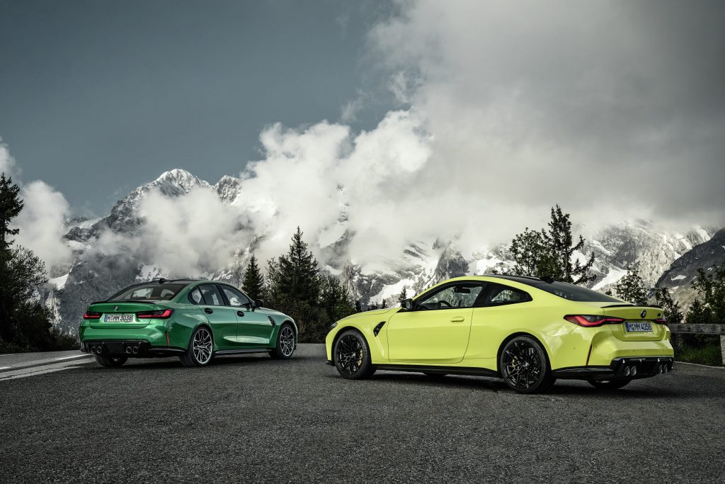 2021 BMW M3 Green and Yellow BMW M4 with mountains